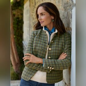 Talbots New Shetland Officer  Jacket Apple Plaid Size 14 Green Brown Wool Blazer